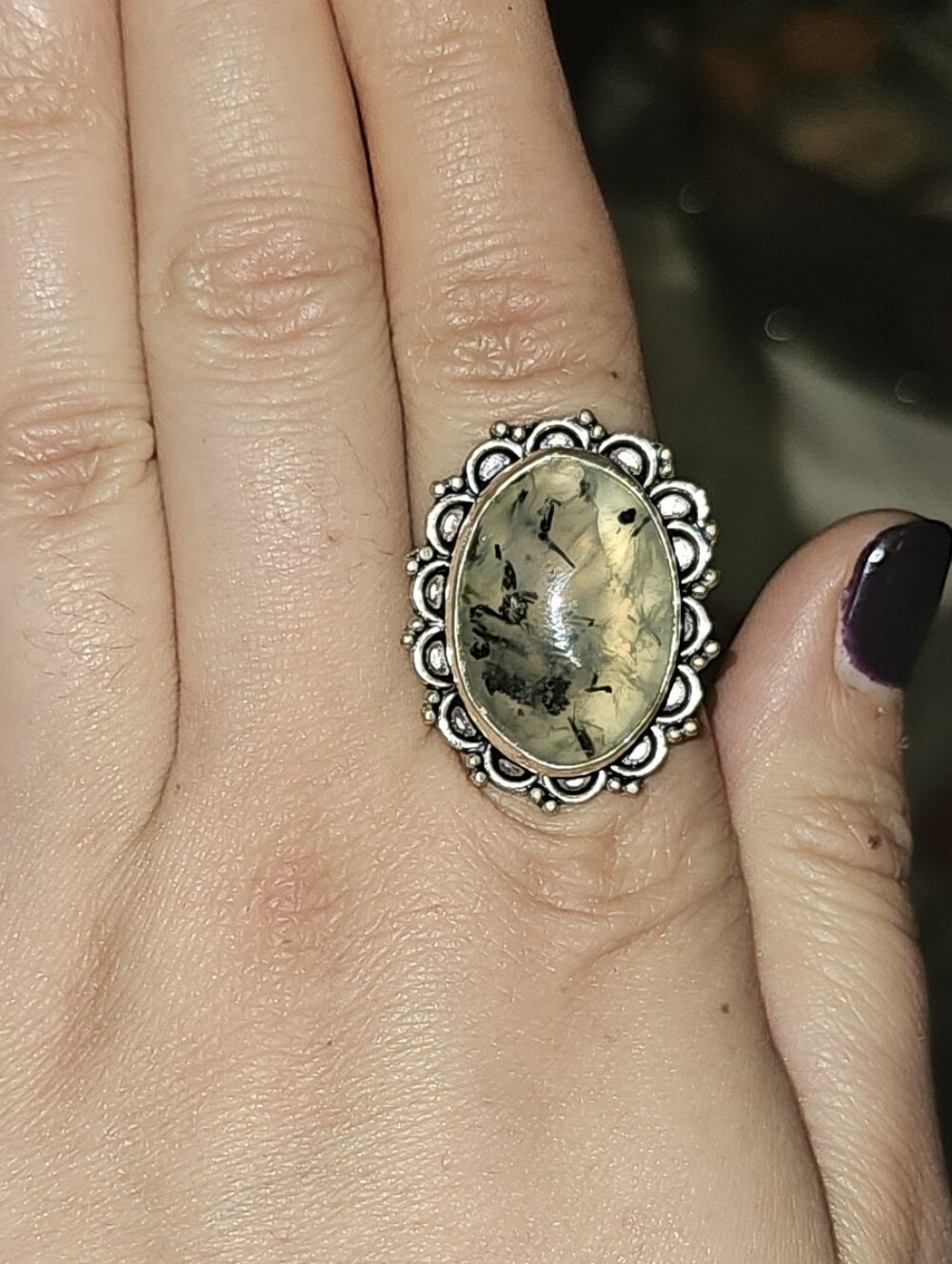 New High Grade Prehnite Statement Ring .925 Sterling Silver Solid US 7.5 FLASHY